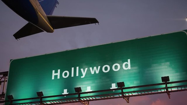 Airplane Take off Hollywood during a wonderful sunset