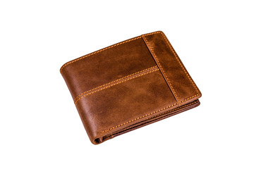 Closed brown leather wallet isolated on a white background