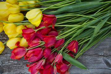 beautiful fresh tulips on rustic wooden surface