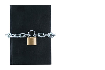 Fototapeta na wymiar black book with chain and lock on white background