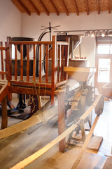 Machine and equipment of old flour mill. Europe historic travel.