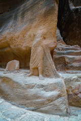 Stone sculptures in an ancient abandoned rock city of Petra in Jordan
