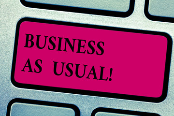 Writing note showing Business As Usual. Business photo showcasing ongoing and unchanging state affairs despite difficulties Keyboard key Intention to create computer message pressing keypad idea