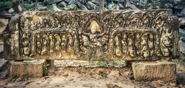 Bas-relief at Beng Mealea temple. Siem Reap. Cambodia. Panorama