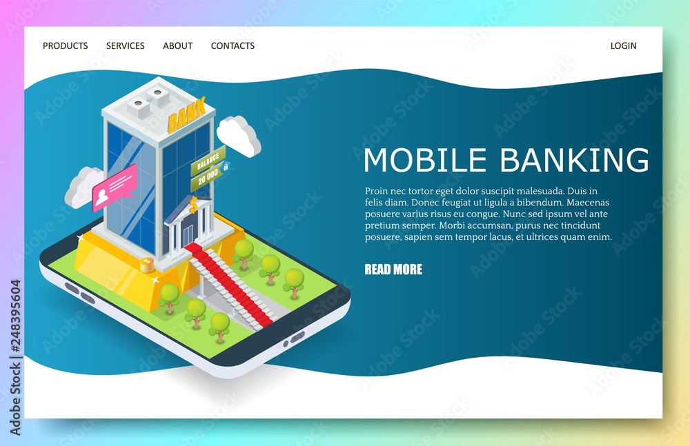 Poster mobile banking vector website landing page design template