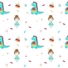 Fototapeta premium Vector seamless pattern with beautiful princess and dragon