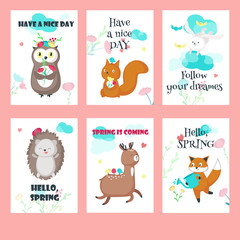 Vector set of spring cards with forest animals and inspirational quotes