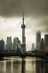 Shanghai city skyline view with overcast sky