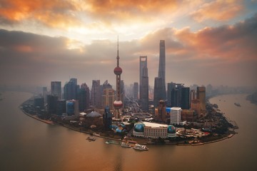 Shanghai city sunrise aerial view with Pudong business district