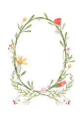 Watercolor frame of flowers, vine, leaf. Botanic ornament concept. Painting on white background. Isolated illustration for your unique decoration with greeting card, valentine card, wedding card.