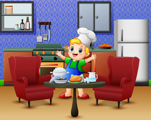 Cartoon cute little boy in apron and chef's hat near dining table