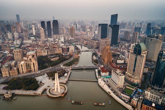 Shanghai city aerial view with Pudong business district