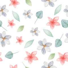 Fototapeta na wymiar Watercolor seamless pattern with flowers, leaves. Texture for wallpaper, packaging, scrapbooking, textiles, fabrics, wedding design.