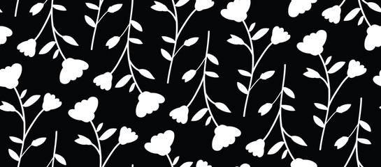Floral whimsical garden with branches, black and white seamless pattern