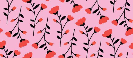 Floral whimsical garden with branches, red, pink and black seamless pattern