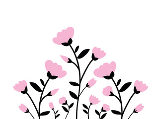 Floral whimsical garden with stems motif pink and black
