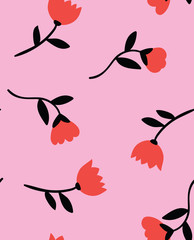Floral whimsical garden pink, red and black seamless pattern
