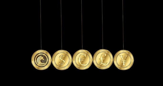 BitTottent (BTT) coin and major world currencies in the shape of Newton cradle