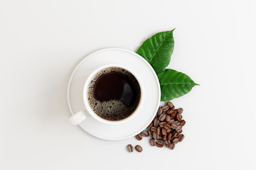 Coffee cup with beans and leaf on white bright background. 3d rendering 