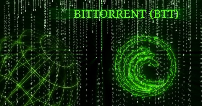 Glowing BitTottent (BTT) symbol against the falling binary code symbols