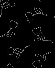 Floral whimsical garden black and white seamless pattern
