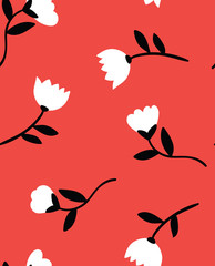 Floral whimsical garden red, black and white seamless pattern