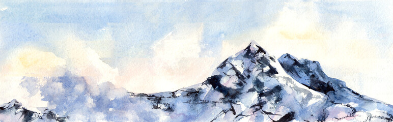 Watercolor mountain. Sky and blue mountain.