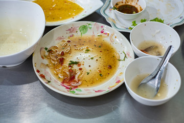 Dirty dishes after eating on the table