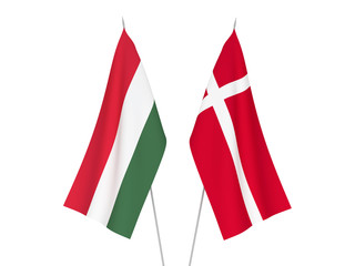 National fabric flags of Denmark and Hungary isolated on white background. 3d rendering illustration.