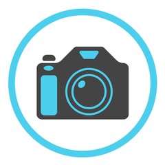 Photographic camera vector icon in a round frame on a white background