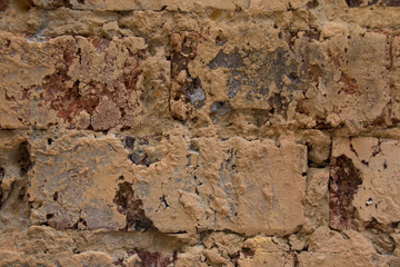 Raw brick and mud plaster unpainted surface image for background use with copy space