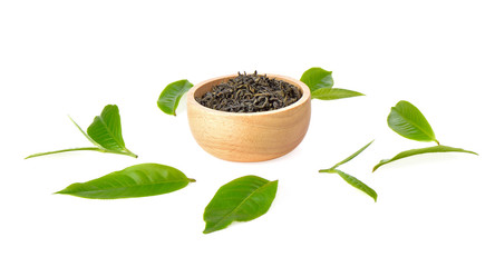 Fresh and dried green tea leaves  on white background