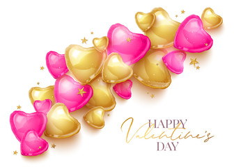 Happy Saint Valentines day greeting card with 3d pink and gold balloon hearts on white background. Vector illustration