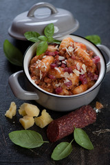 Italian potato gnocchi with addition of minced meat, slices of salami and grated parmesan, vertical shot, selective focus