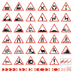 Road  signs set. Warning traffic signs collection.