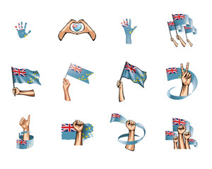 Tuvalu flag and hand on white background. Vector illustration