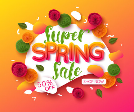 Colorful spring sale background with paper cut flowers and leaves