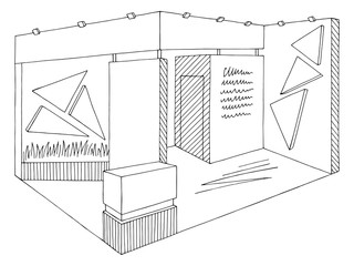 Exhibition stand graphic interior black white sketch illustration vector