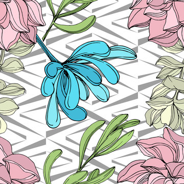 Vector Jungle botanical succulent flower. Engraved ink art illustration. Seamless background pattern.