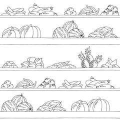 Shelves graphic seamless pattern black white background fruits and vegetables sketch illustration vector