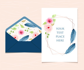 blank card and envelope with floral and feather background