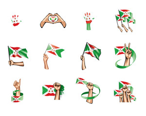 Burundi flag and hand on white background. Vector illustration