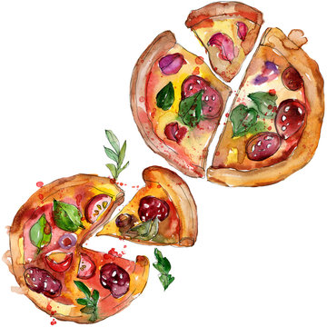 Fast food itallian pizza in a watercolor style set. Aquarelle food illustration for background. Isolated pizza element.