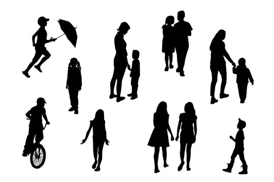 silhouettes of children and parents in various poses. Children play, walk, run, jumping, vector. Set of illustrations of kids activity.