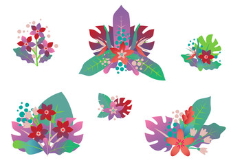 Set of bunches with tropical leaves and flowers