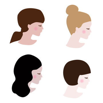 Simple vector womens faces with different hairstyles on white background. Flat style.