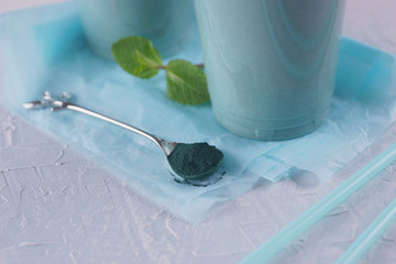Spirulina cocktail in a transparent glass.