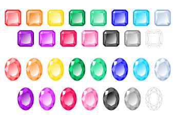 Cartoon-like multicolored radiant, oval cut diamonds and gemstones