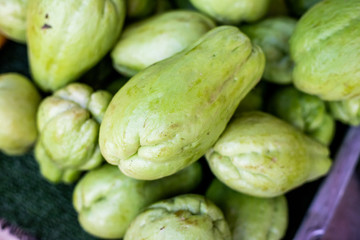 Green Chayote on Fruit tray background in Thai Market.