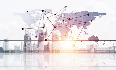 Concept of global communication and networking with world map over cityscape
